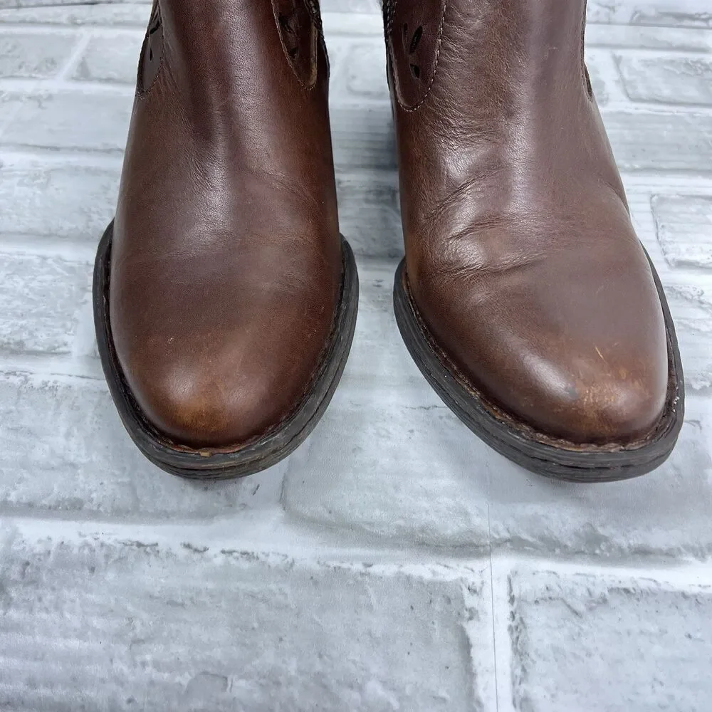 Born Ivy Women's Size 9 Brown Full Grain Leather Laser Cut Western Ankle Boot